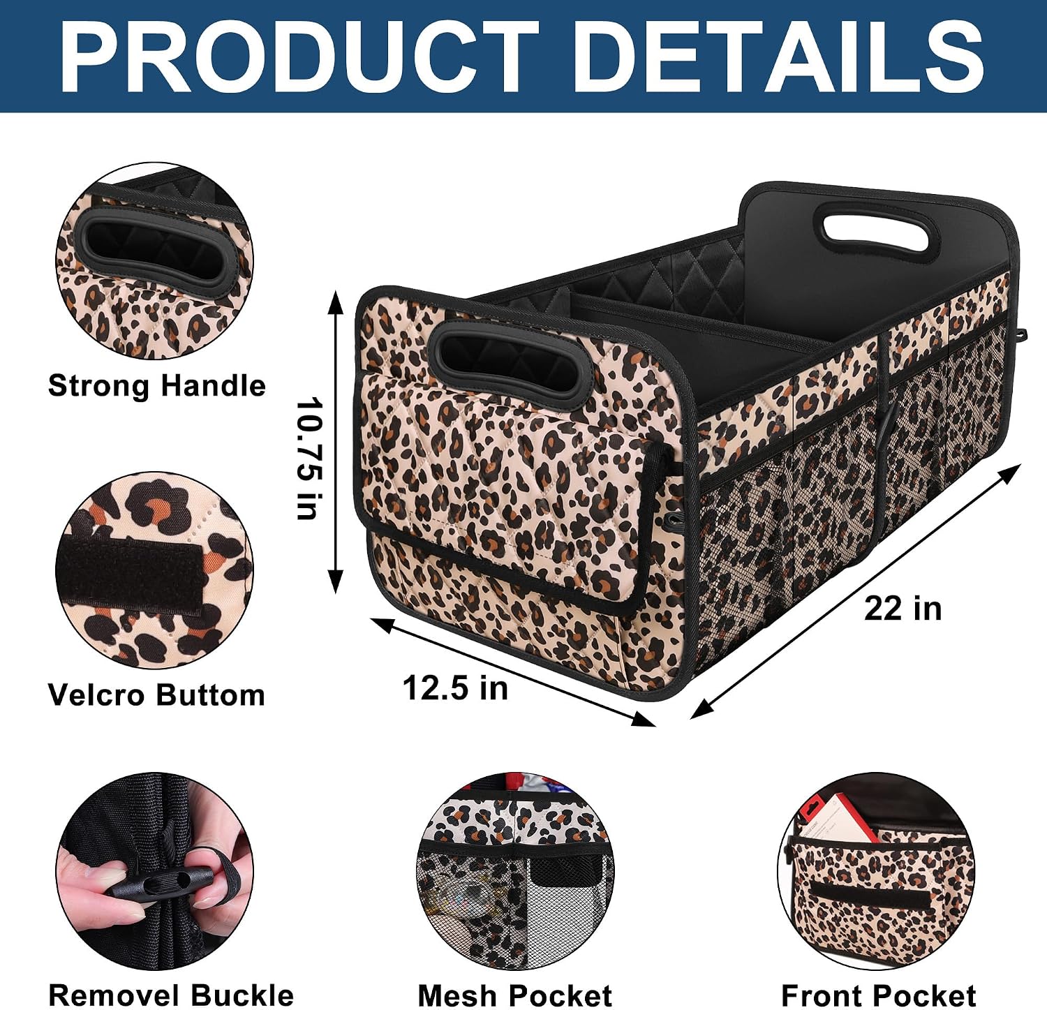 Deosk Trunk Organizer and Storage with Reinforced Handles,Car Accessories for Women/Men 50L Waterproof Polyester Trunk Organzier for Car/SUV/Minivan/Truck(Medium,Leopard print)