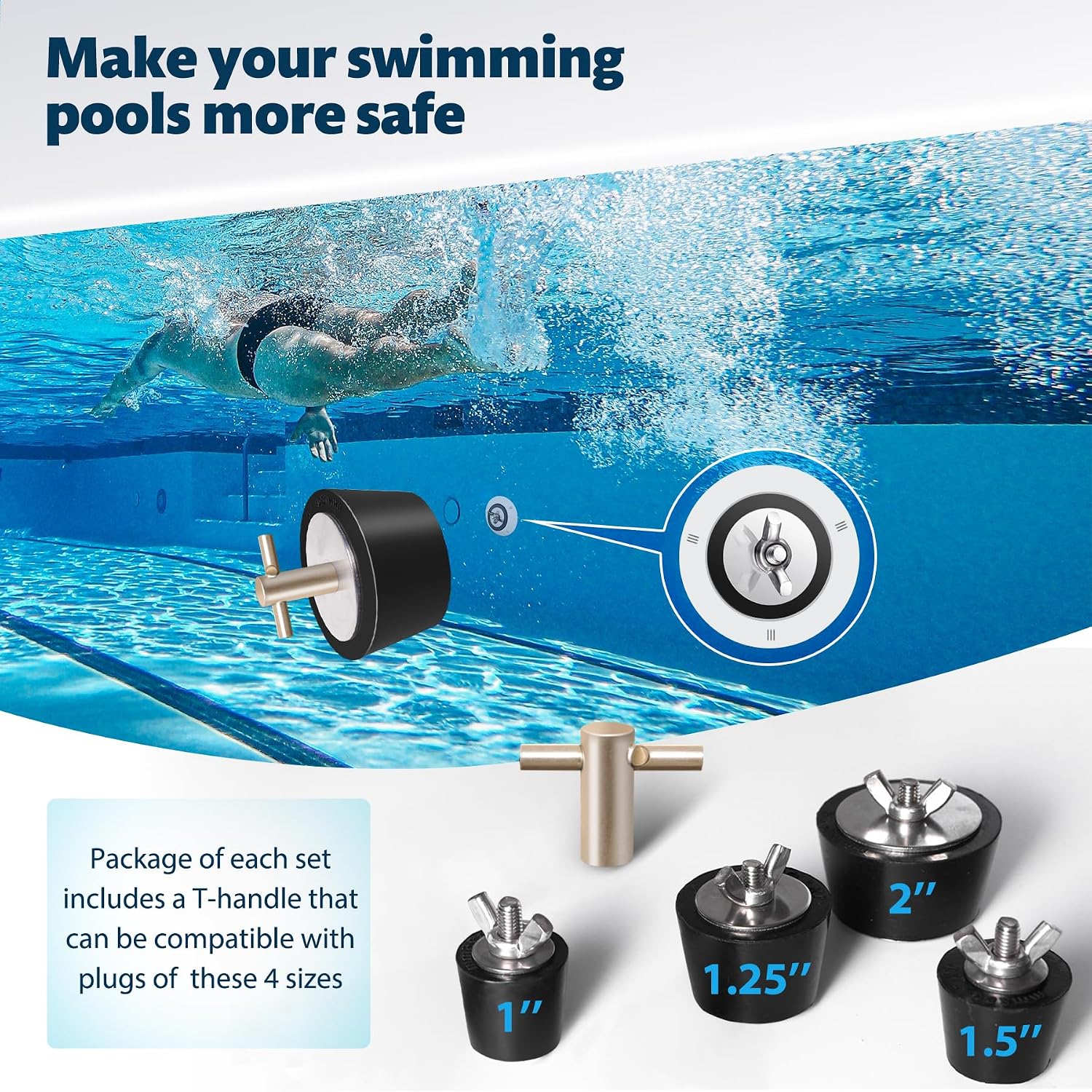 2 Pack Rubber Pool Winter Plugs with One T-Handle 1" – 1.25" Pool Winterizing Plugs with Stainless Steel Screws Pool Return Jet Plug Inground & Above Ground Skimmer Plug for Pools