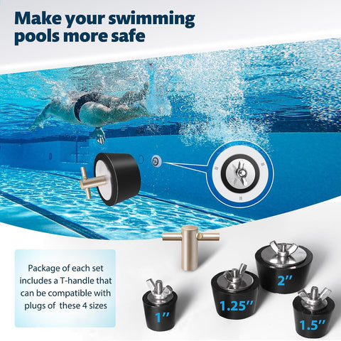 2 Pack Rubber Pool Winter Plugs with One T-Handle 1" – 1.25" Pool Winterizing Plugs with Stainless Steel Screws Pool Return Jet Plug Inground & Above Ground Skimmer Plug for Pools