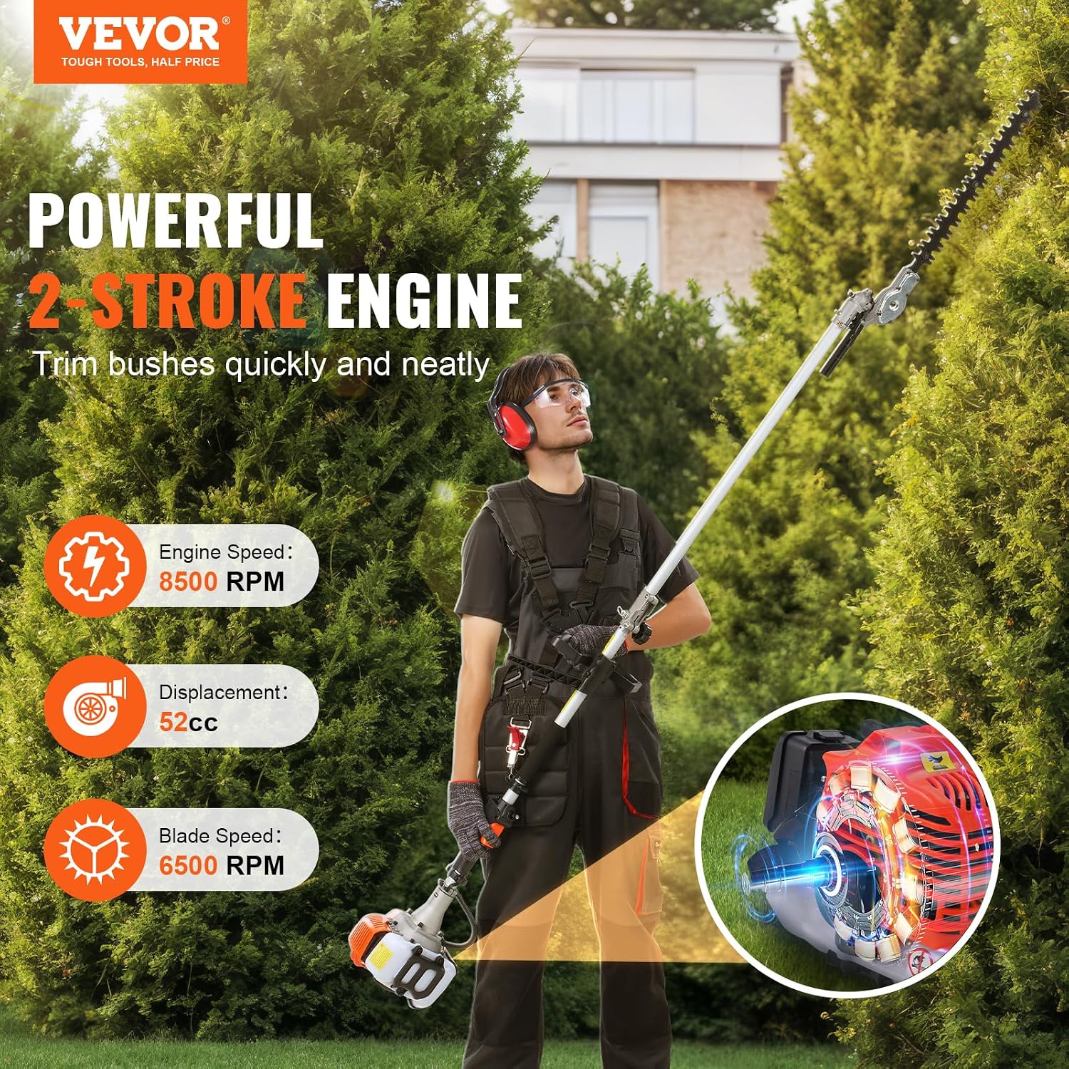 VEVOR 43cc 6-in-1 Gas Hedge Trimmer, Multi-Function Yard Tool with Pole Saw