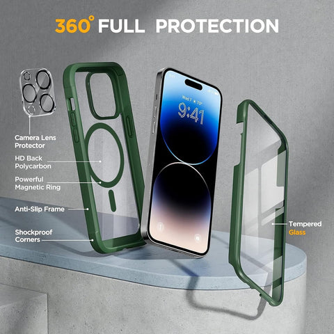 Miracase Magnetic for iPhone 14 Pro Case 6.1 inch, (Compatible with MagSafe) Upgrade Full-Body Clear Phone Bumper Case with Built-in 9H Tempered Glass Screen Protector, Magnetic Acacia Green