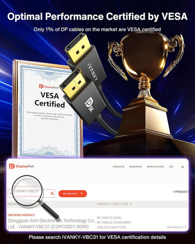 IVANKY VESA Certified 8K DisplayPort Cable 1.4, 6.6ft DP Cable Supports HDR