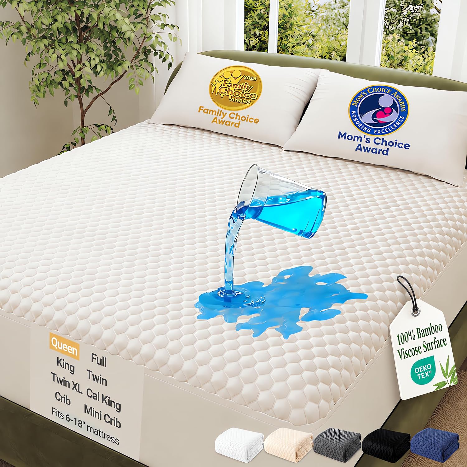 OhGeni Waterproof Mattress Protector,Queen Size Soft Bamboo Viscose Top Layer Pad,3D-Air Fabric Cooling Breathable Fitted Sheets, Washable Bed Cover,Deep Pocket Noiseless Over 99 Count Hex Bumps