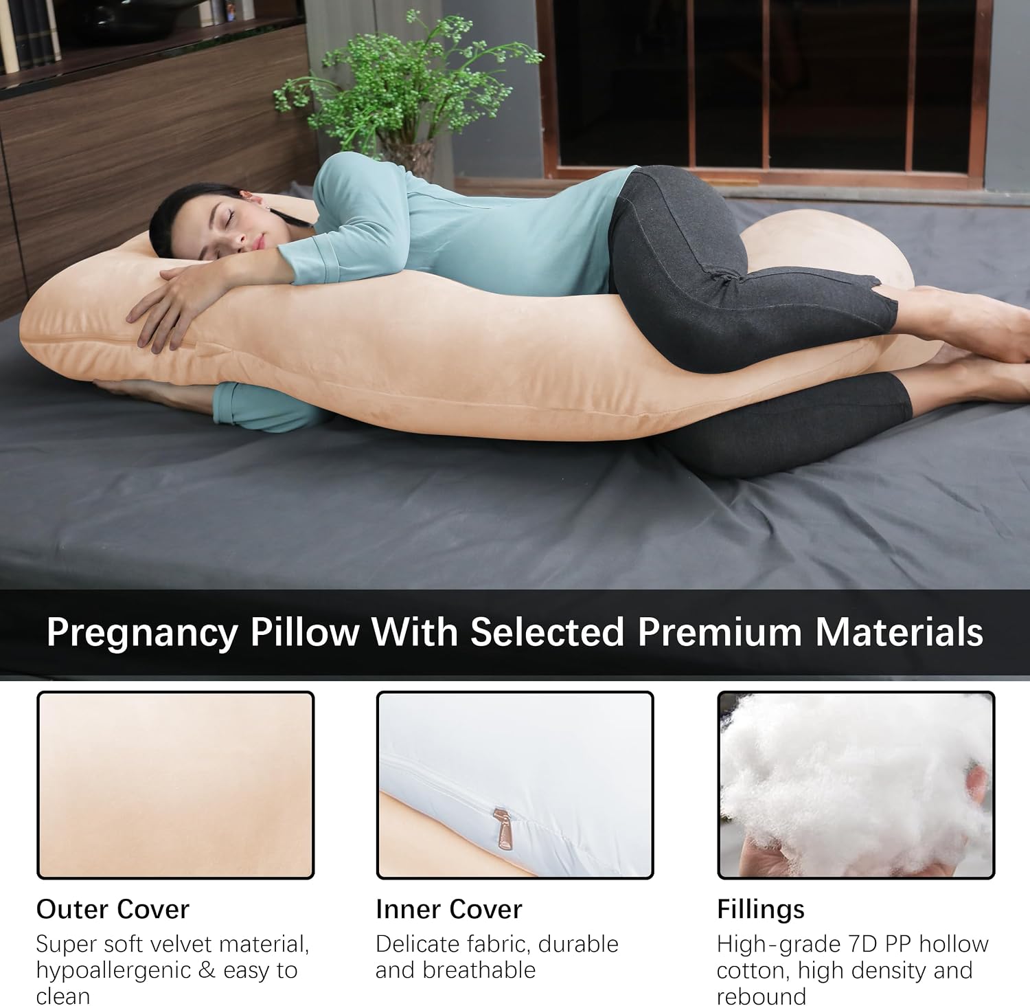 MOON PARK Pregnancy Pillows for Sleeping - U Shaped Full Body Maternity Pillow with Removable Cover - Support for Back, Legs, Belly, HIPS - 65 Inch - Brown - Cooling Cover