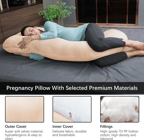 MOON PARK Pregnancy Pillows for Sleeping - U Shaped Full Body Maternity Pillow with Removable Cover - Support for Back, Legs, Belly, HIPS - 65 Inch - Brown - Cooling Cover