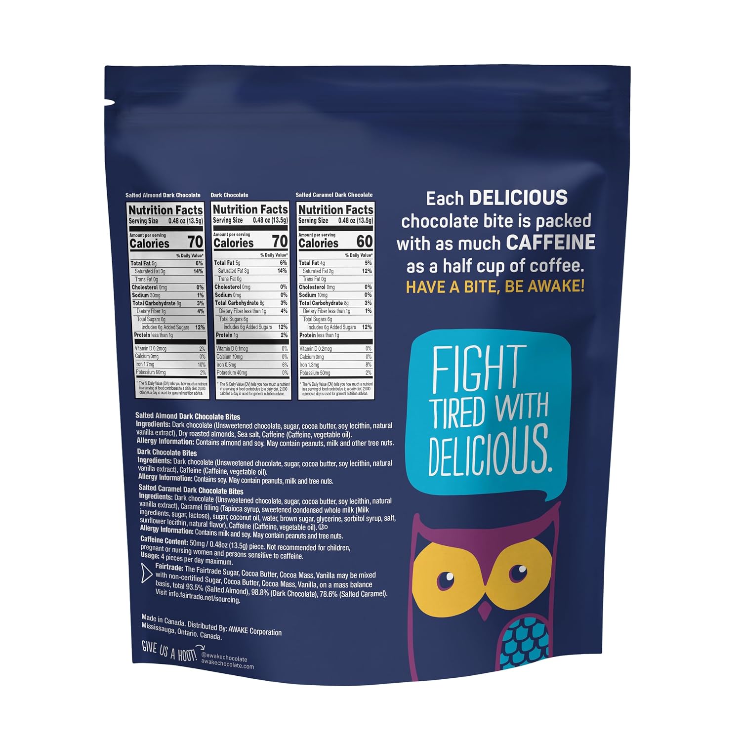 AWAKE - Caffeinated Chocolate Bites - USA Variety Pack (3 Flavors) 50 Bites - Dark, Salted Caramel, & Salted Almond - 50mg Caffeine - Coffee Alternative - Fairtrade - Gluten-Free - Non GMO - 0.48oz