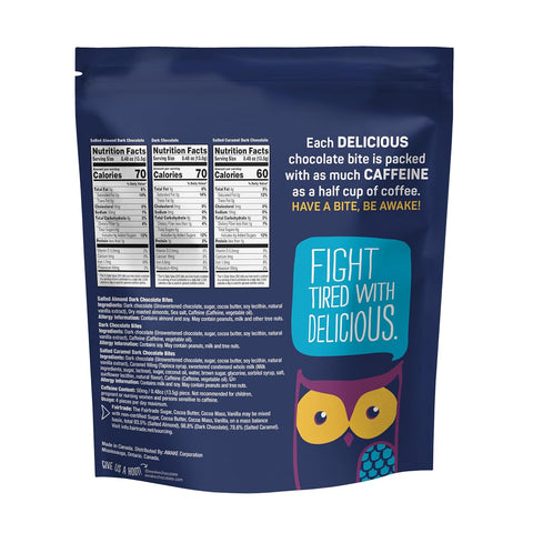 AWAKE - Caffeinated Chocolate Bites - USA Variety Pack (3 Flavors) 50 Bites - Dark, Salted Caramel, & Salted Almond - 50mg Caffeine - Coffee Alternative - Fairtrade - Gluten-Free - Non GMO - 0.48oz