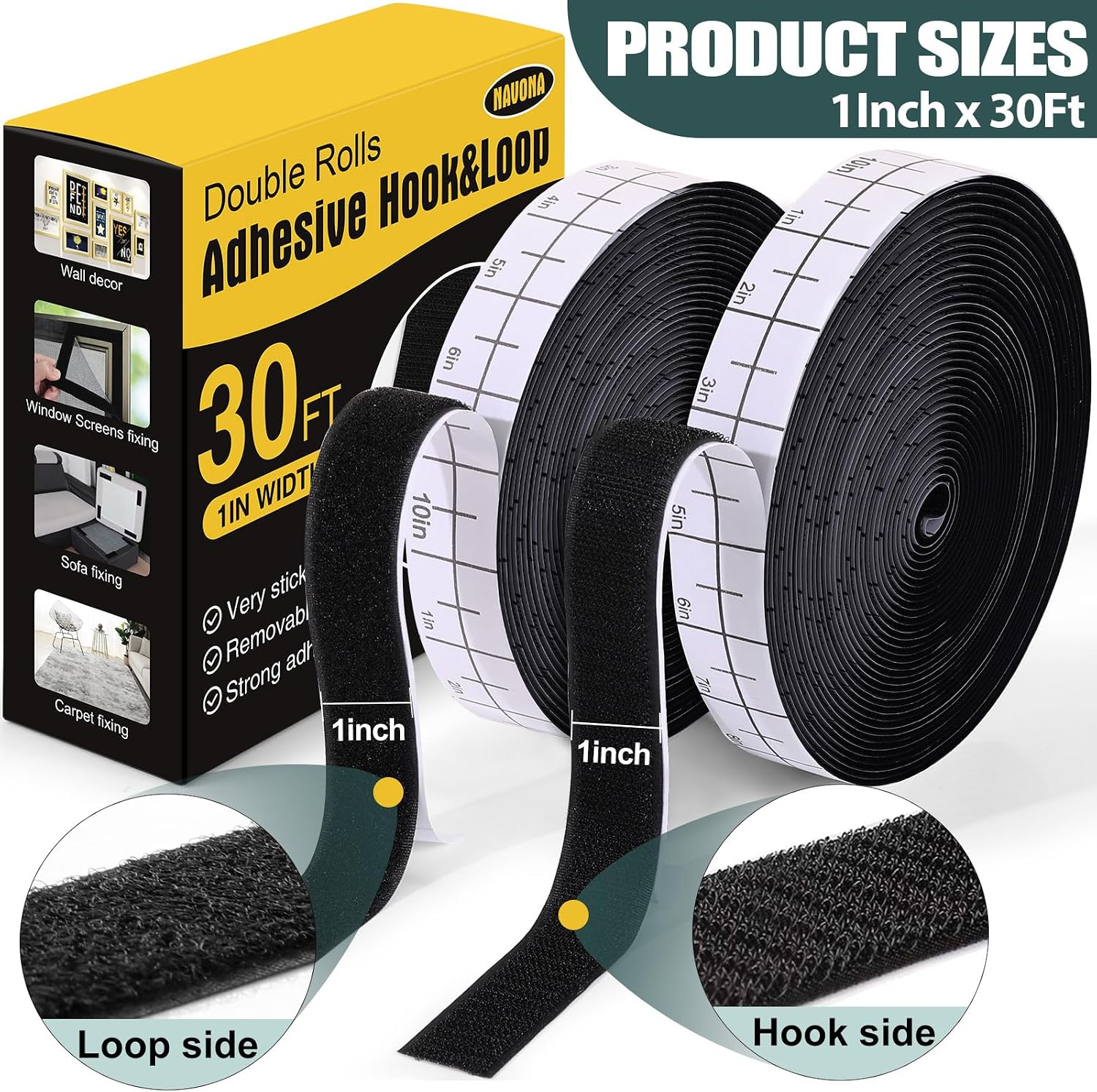 Navona 30Ft x 1 Inch Heavy Duty Hook and Loop Strips with Adhesive, Black
