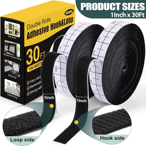 Navona 30Ft x 1 Inch Heavy Duty Hook and Loop Strips with Adhesive, Black