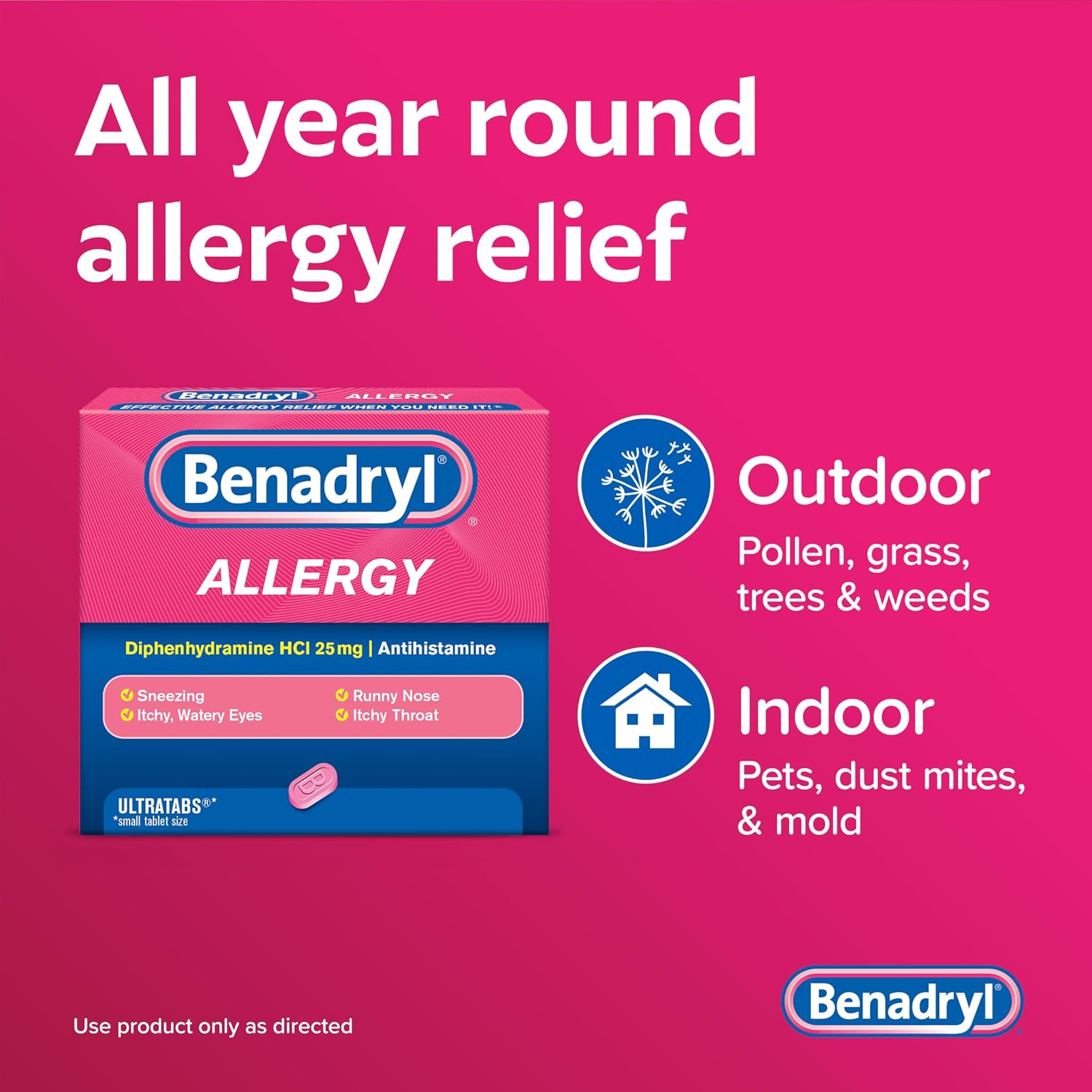 Benadryl Allergy Relief Ultratabs, 25 mg Diphenhydramine HCl, 24 ct