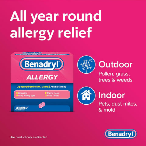 Benadryl Allergy Relief Ultratabs, 25 mg Diphenhydramine HCl, 24 ct