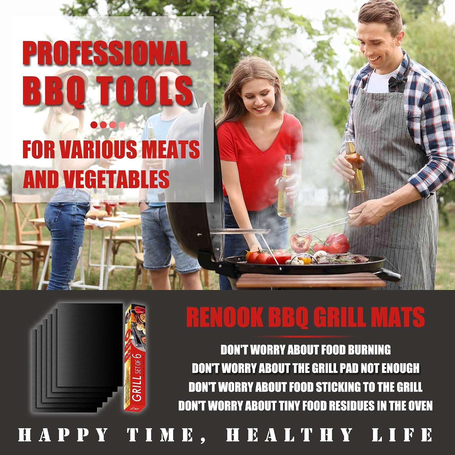 Grill Mat Set of 6, Non-Stick, 15.75 x 13 Inch, Black