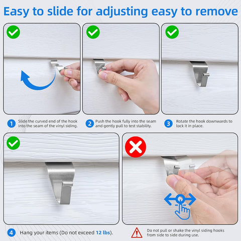 Amuille No-Hole Vinyl Siding Hooks 20 Pcs, Stainless Steel Clip 12 LBS Load