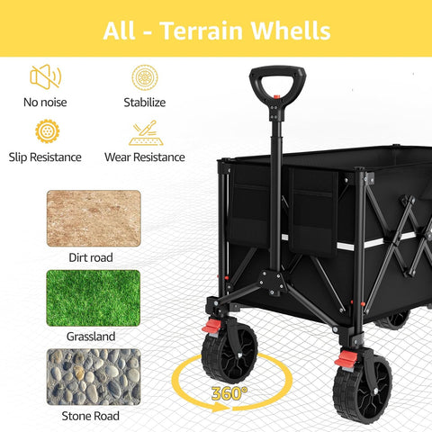 ROSONG Collapsible Wagon Cart with Wheels Foldable - Folding Utility Heavy Duty Wagons Carts for Grocery Sports Garden Shopping Camping Wheelbarrows (Black, 150L)
