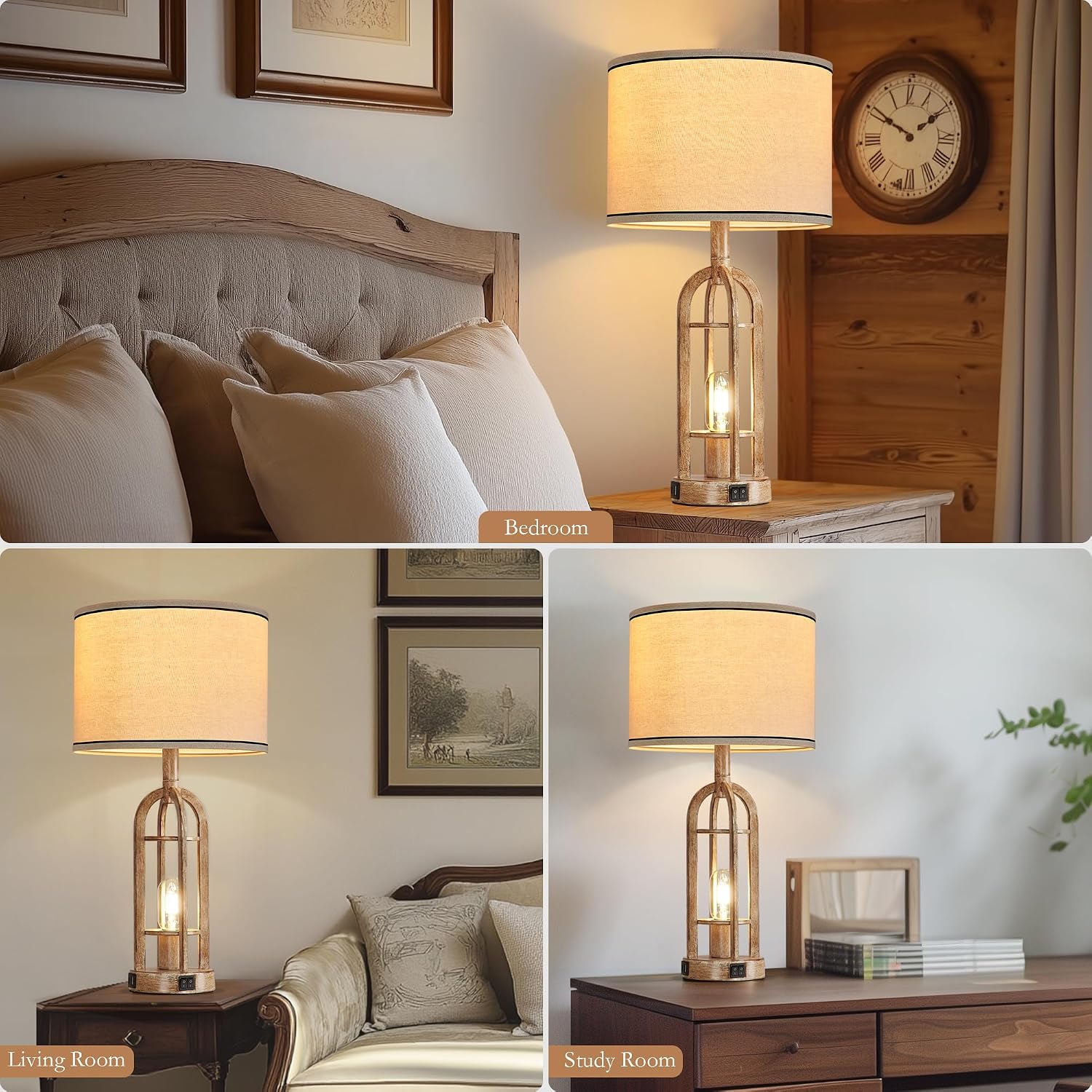 SRJJA 24" Farmhouse Table Lamps for Living Room Bedroom Set of 2, USB A+C