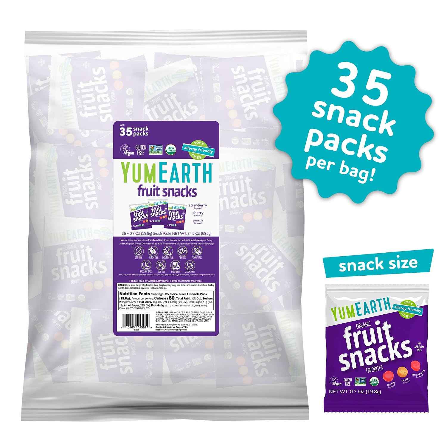 YumEarth Organic Assorted Flavor Fruit Snacks, 0.7oz (Pack of 35) | Snack Packs, Allergy Friendly, Gluten Free, Non-GMO, Vegan, Dye Free
