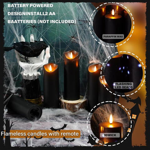 Nimiko Flameless Candles with Remote, Battery Operated Flickering Flameless Candles, LED Candles with Timer 2/4/6/8H, with Realistic LED Candles Set of 12 (D2.2 x H 5" 6" 7") (Black)