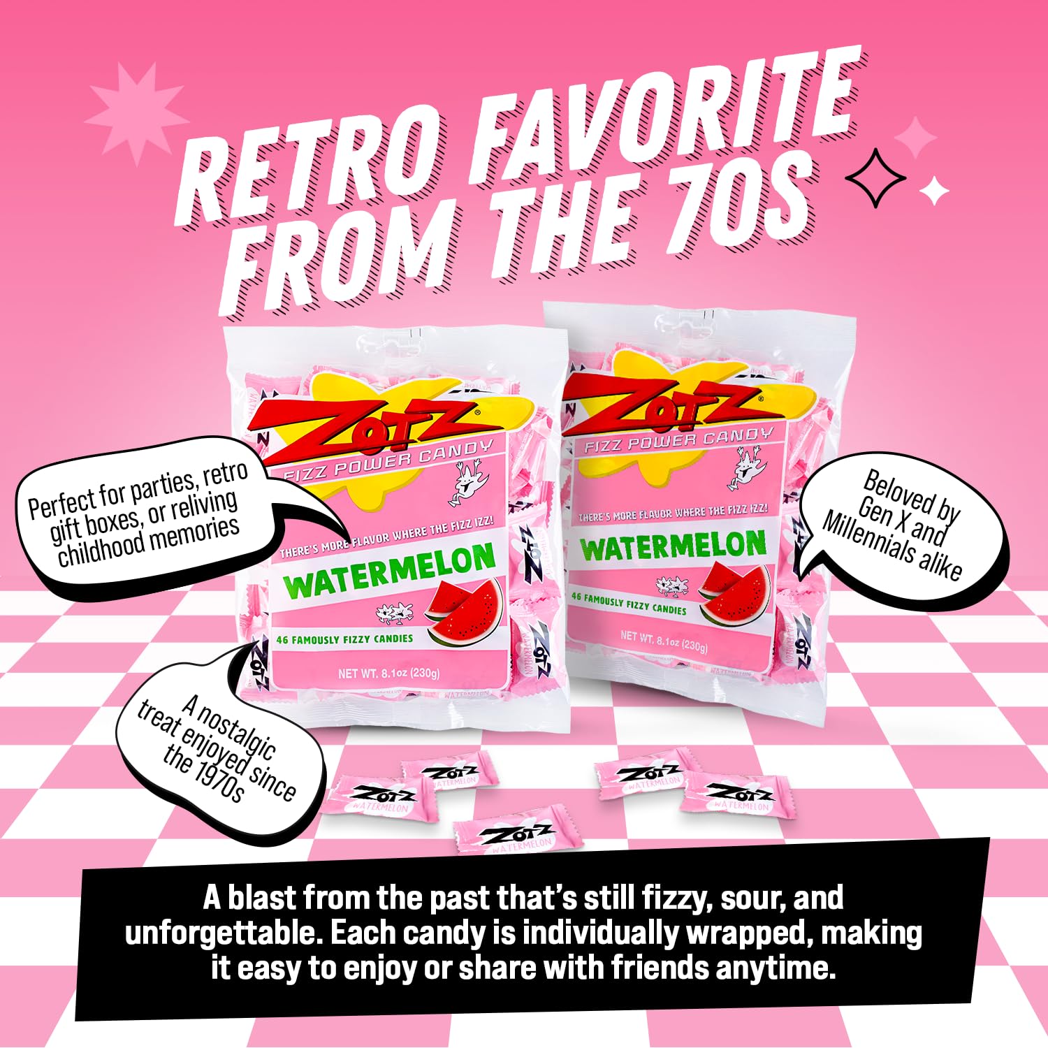 ZOTZ Fizzy Sour Candy Bulk - Retro Italian Hard Candy Individually Wrapped - Classic Nostalgic Watermelon Flavor - 46 Pieces Bag for Party Favors, Goodie Bags, Piñata & Candy Buffet