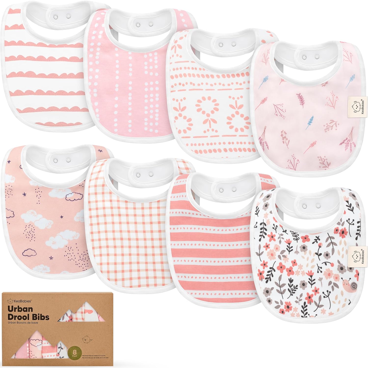 KeaBabies 8-Pack Organic Baby Bibs for Drooling and Teething (Sweet Charm)