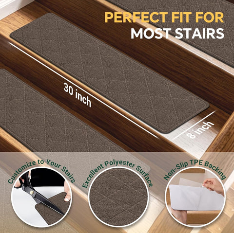 Stair Treads Non-Slip for Wooden Steps, 4Pack - 8" x 30" Edging Stair Runner Indoor for Kids Elders & Pets, Washable Carpet Stair Treads with Peel & Stick Reusable TPE Backing, Brown