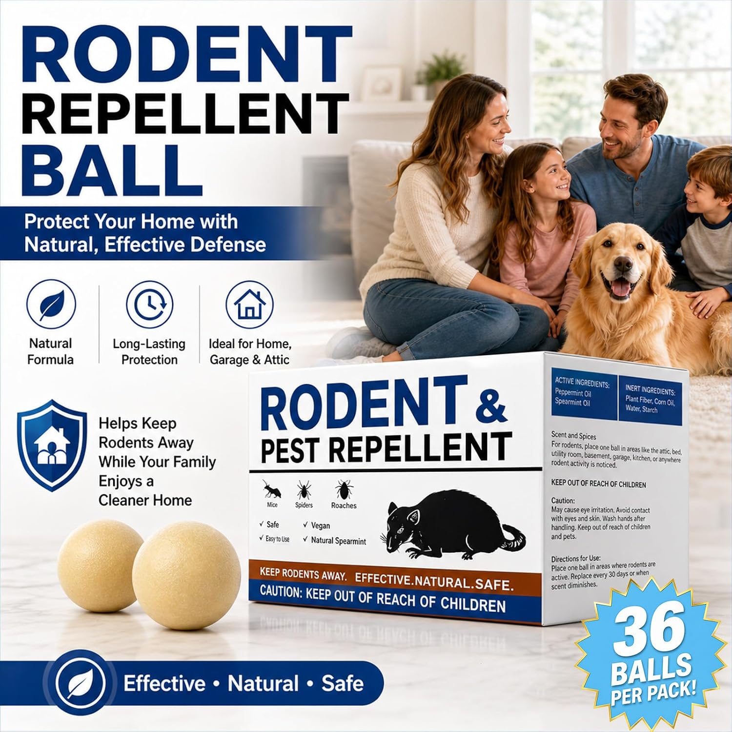 Mouse Repellent Balls 36 Pack, Peppermint Rodent Repellent for Mice and Rats, Natural Mouse Deterrent Indoor Outdoor, Long Lasting Pest Control for Home, Garage, Basement, Attic, Car
