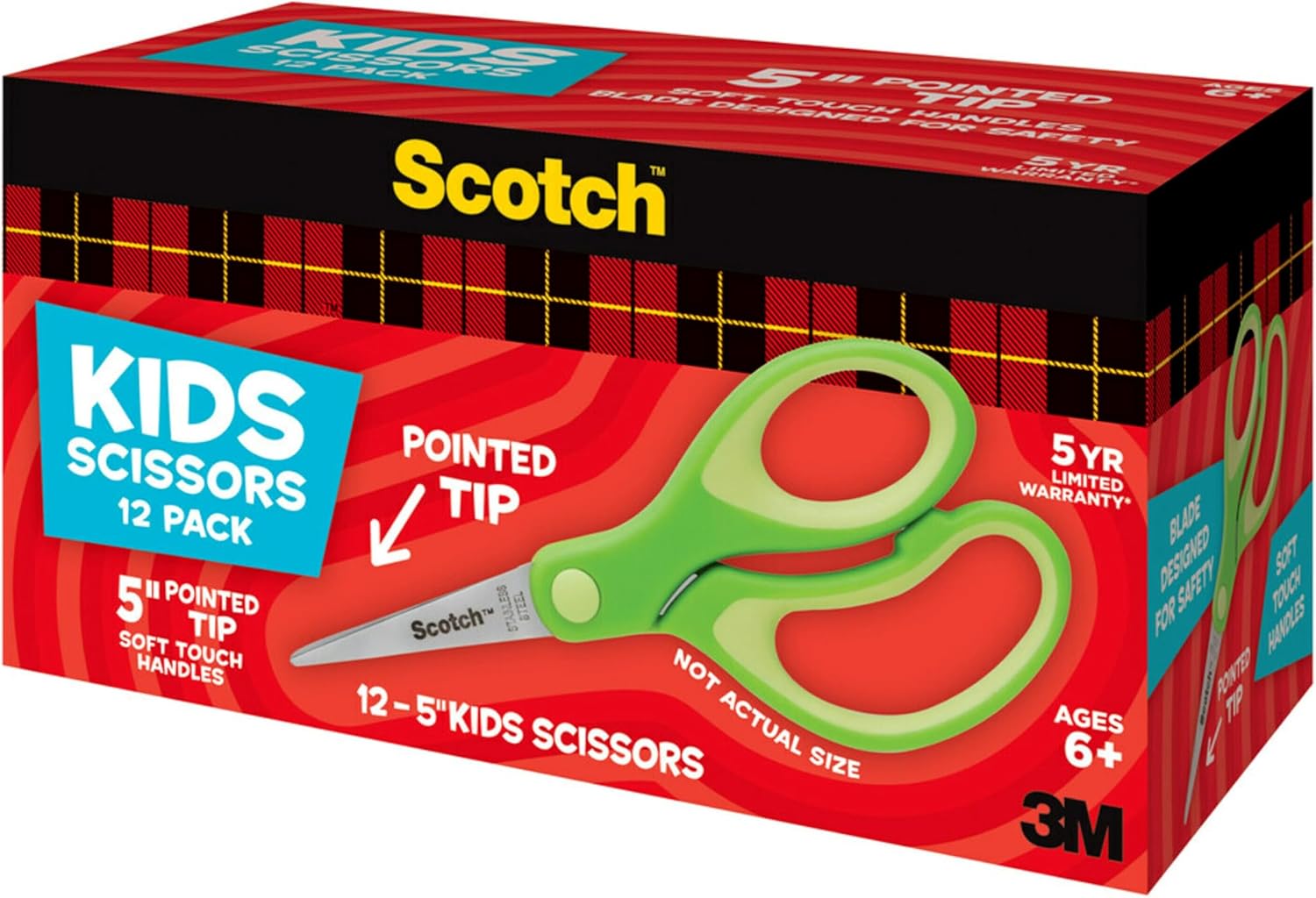 Scotch 5" Soft Touch Pointed Tip Kids Scissors, 12 Count Teacher's Pack