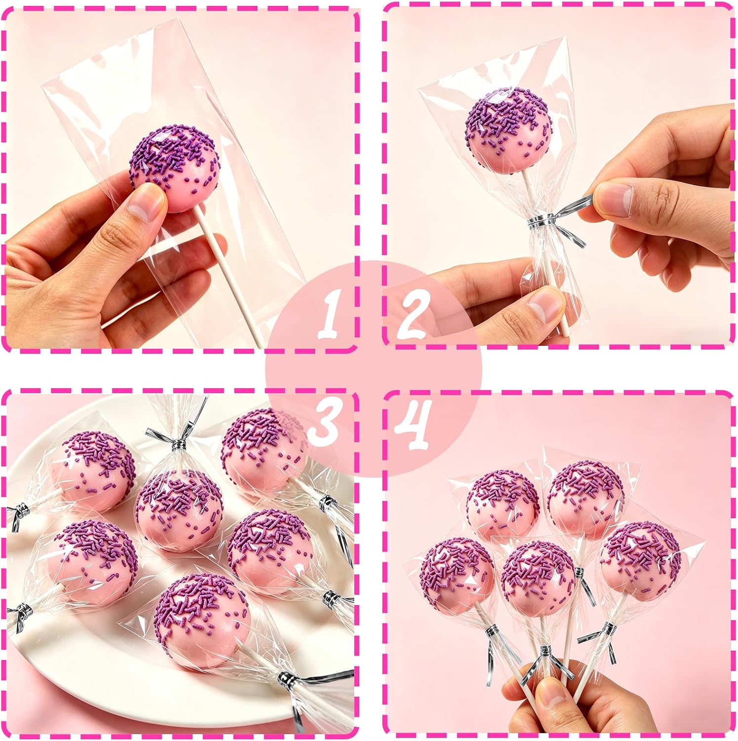 Basquei Cake Pop Sticks 6 Inches, Cake Pop Bags (3.9"X4.7"), Silver Metallic Twist Ties, 300 Pcs Cake Pop Kit Used for, Lollipops Cake, Candies, Chocolates Making Tools