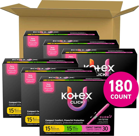 U by Kotex Click Compact Tampons, Regular/Super, 180 Count, 6 Packs of 30