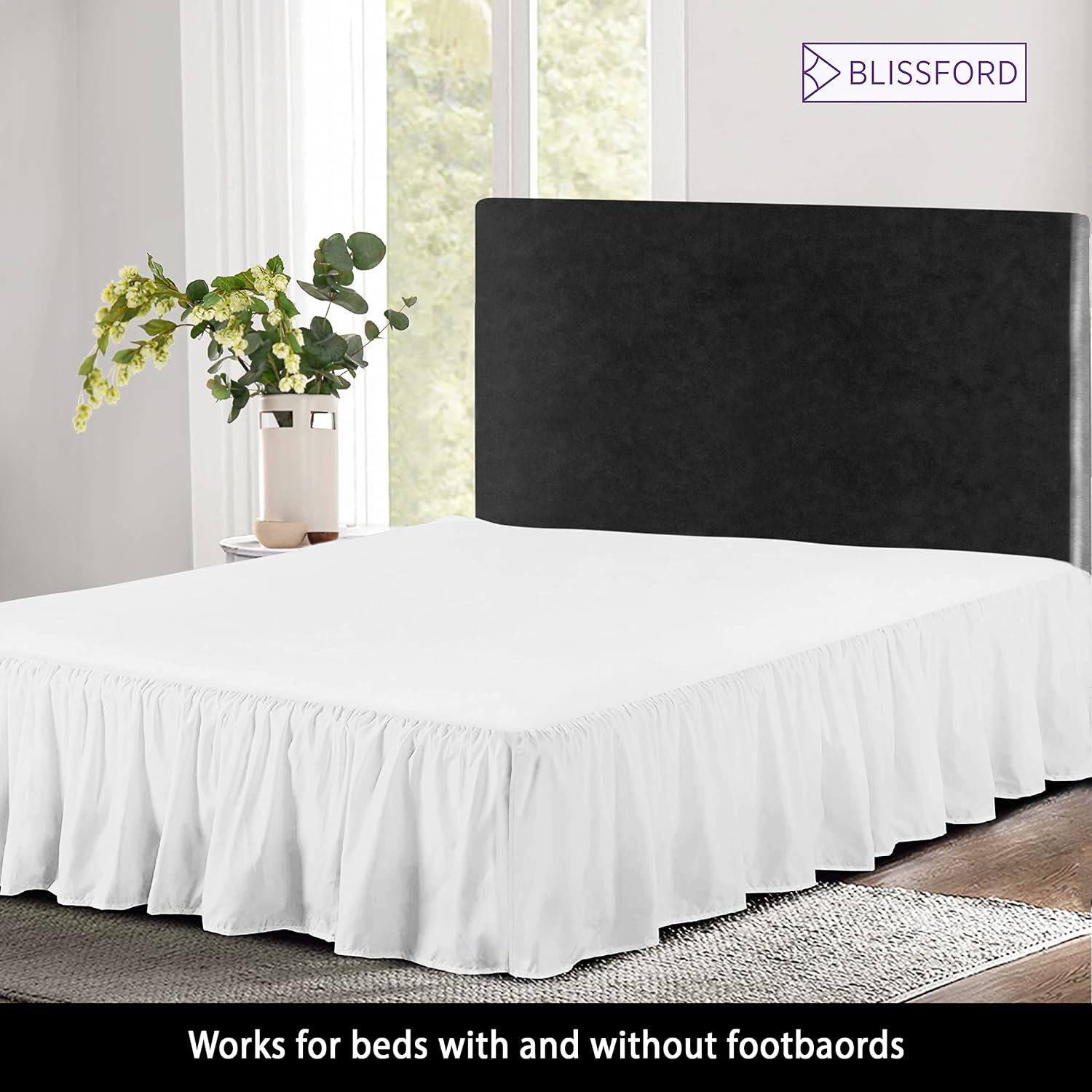 BLISSFORD White Bed Skirt King Size 14 inch Drop - with Split Corners - Cotton Blend Ruffled Bed Skirt, Dust Ruffle with Platform, White King Size BedSkirt, Machine Washable