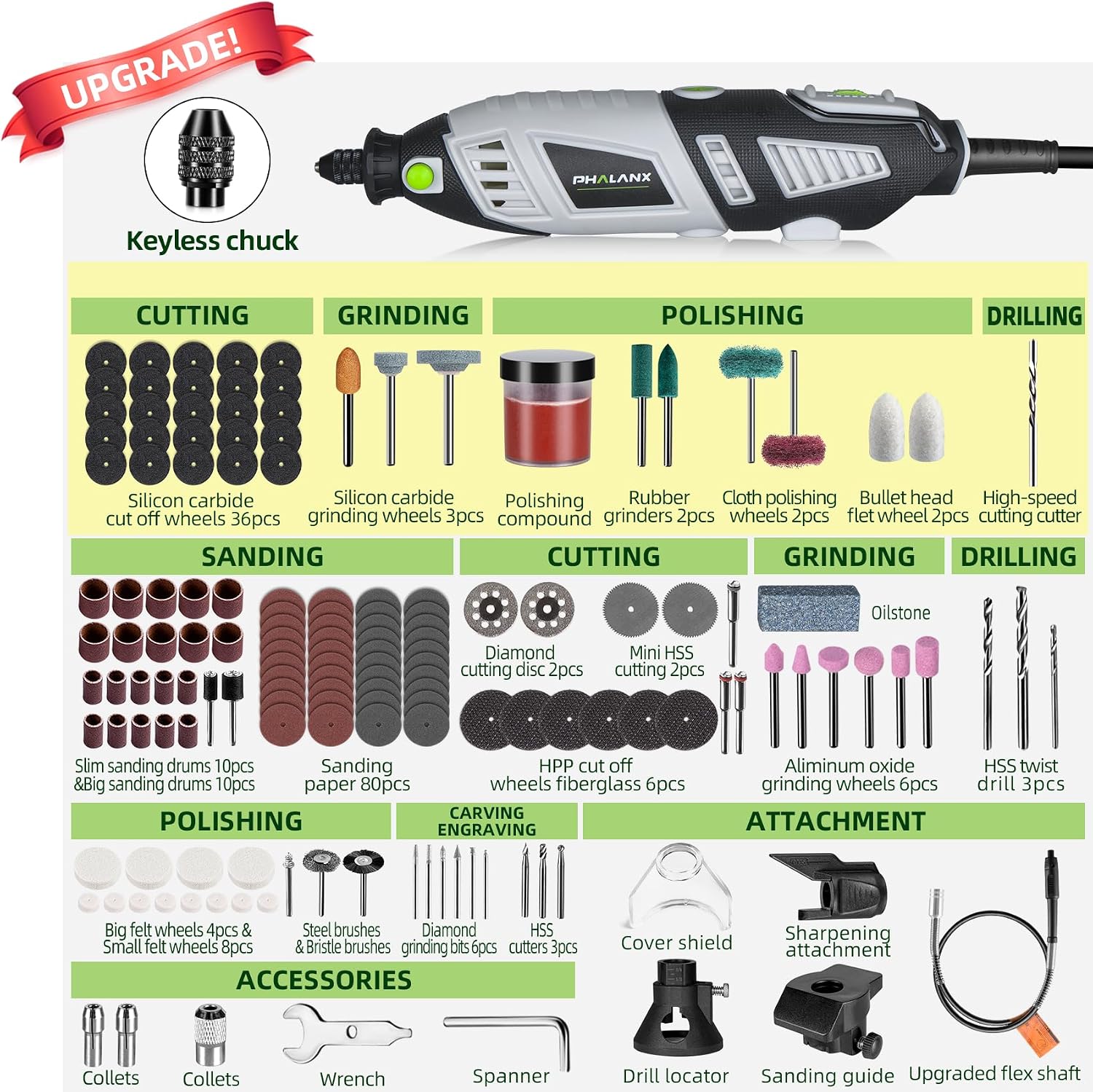 PHALANX 180W Rotary Tool Kit, 1.5-Amp 6 Variable Speed with Flex Shaft, 8000-35000RPM Rotary Multi-Tool& 213pcs Accessories Kit, Power Multiuse Set Prefect for Crafting Projects and DIY Creations