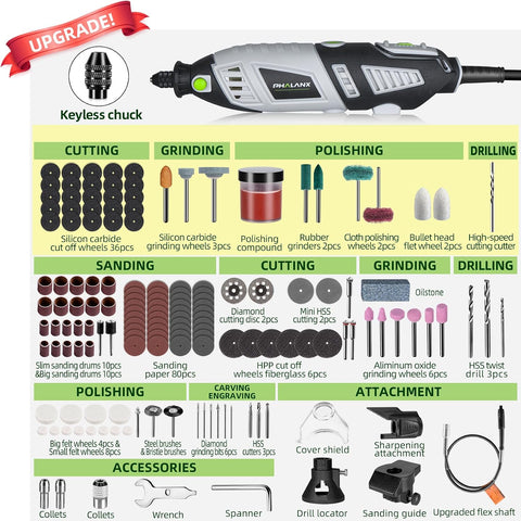 PHALANX 180W Rotary Tool Kit, 1.5-Amp 6 Variable Speed with Flex Shaft, 8000-35000RPM Rotary Multi-Tool& 213pcs Accessories Kit, Power Multiuse Set Prefect for Crafting Projects and DIY Creations
