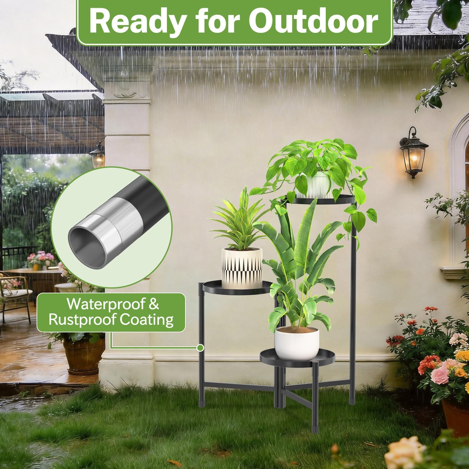 iDavosic.ly 3 Tier Large Plant Stand Indoor Outdoor, 10 In Wide Tray, Black