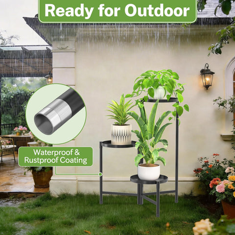iDavosic.ly 3 Tier Large Plant Stand Indoor Outdoor, 10 In Wide Tray, Black