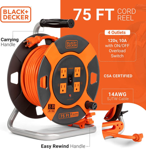 BLACK+DECKER 75 Ft. Retractable Extension Cord Reel, 4 Outlets
