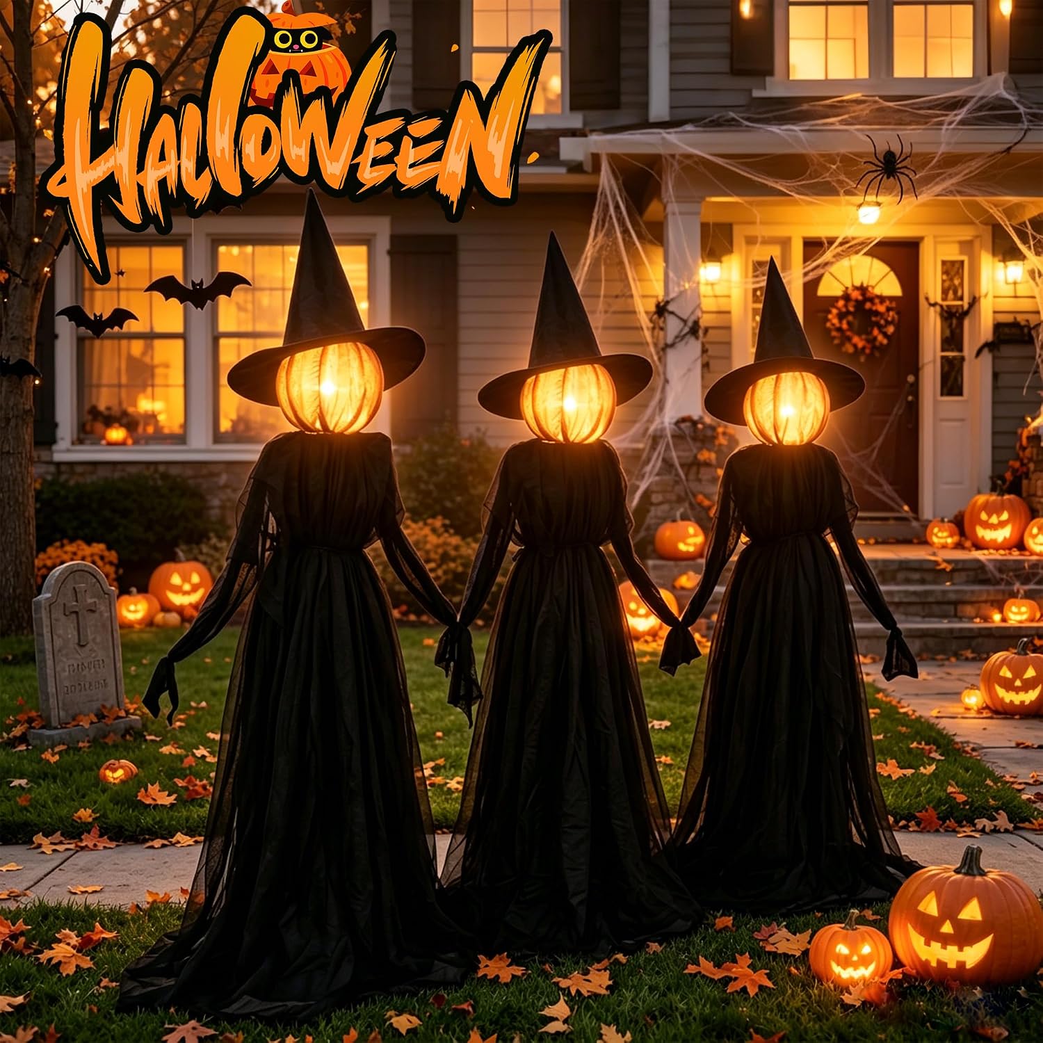 NEROSUN Halloween Witches Decorations Outdoor, 5 FT Set of 3 Light Up Holding Hands Witches with Stakes and Timer Function, Glowing Face Witch Decorations for Yard Garden Lawn Haunted House
