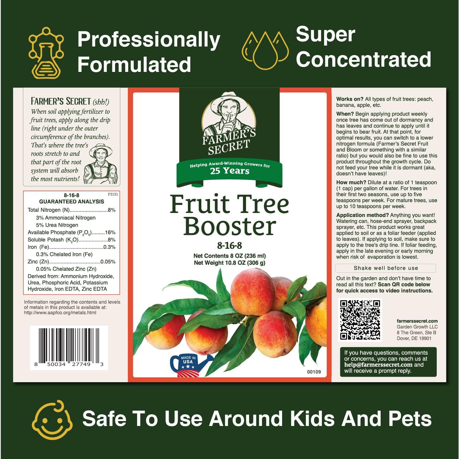 Farmer's Secret Fruit Tree Booster Fertilizer - Super Concentrated and Phosphorus Rich - Formulated for All Fruit Trees Including Peach, Banana, and Apple (32oz)