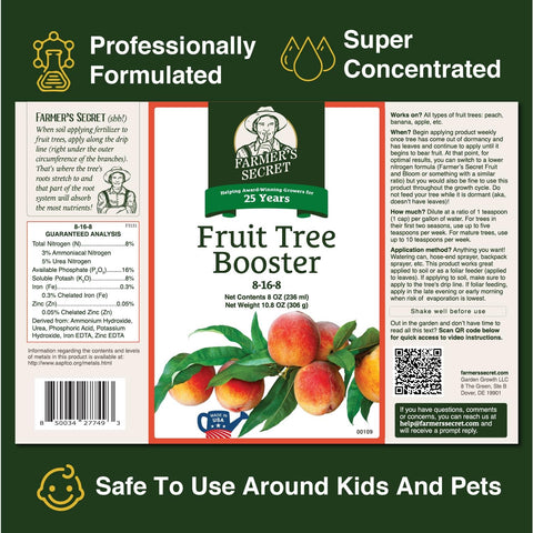 Farmer's Secret Fruit Tree Booster Fertilizer - Super Concentrated and Phosphorus Rich - Formulated for All Fruit Trees Including Peach, Banana, and Apple (32oz)