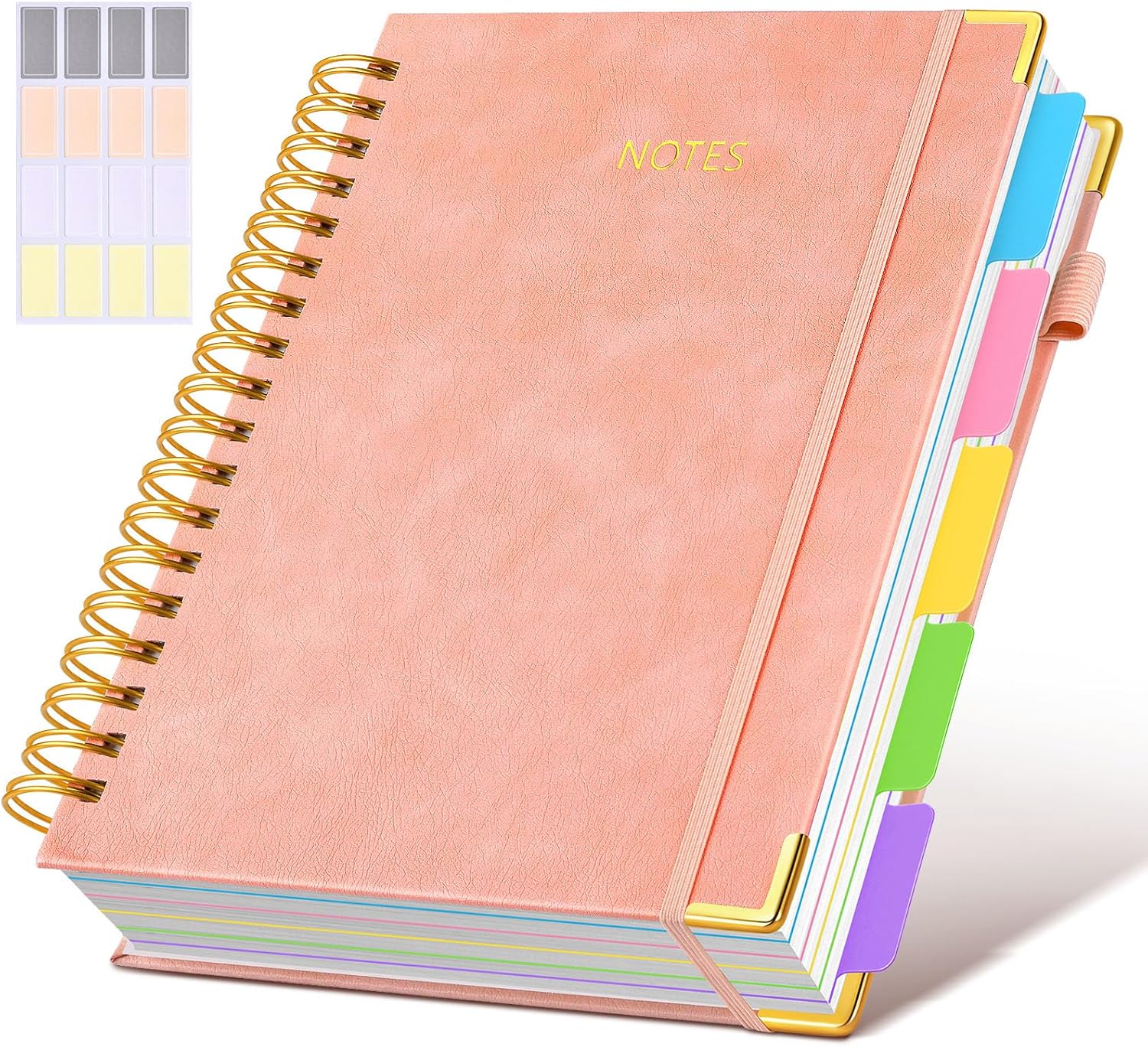 Hardcover Spiral Notebook journal with Removable Dividers Tabs, 300 Pages Leather 5 Subject Notebook College Ruled, 8"x10" Large B5 Notebooks for Work School Note taking, Lined Journal for Women,Pink