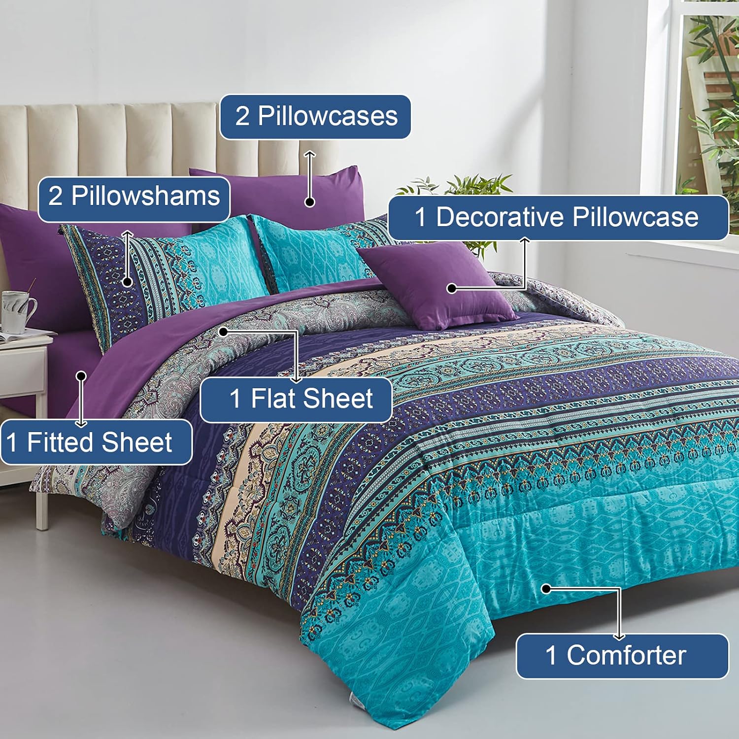 Cottolester Boho Comforter Set Full Size 8 Piece Striped Bed in a Bag