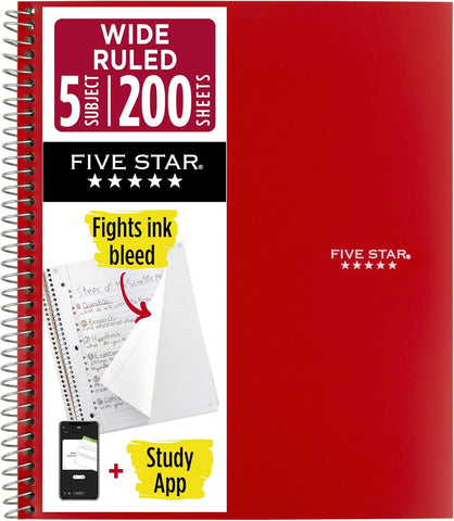 Five Star Spiral Notebook + Study App, 5 Subject, Wide Ruled Paper, 8" x 10-1/2", 200 Sheets, Fights Ink Bleed, Water Resistant Cover, Fire Red (72041)
