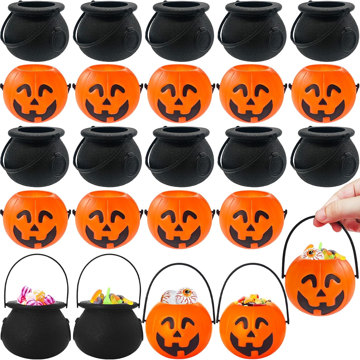 24 Pcs Halloween Mini Candy Buckets,Portable Pumpkin Buckets with Handle,Plastic Witch Cauldrons for Halloween Party Favors,Home Décor,Trick or Treat Accessories