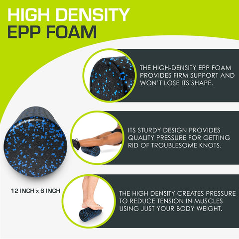 ProsourceFit High Density Foam Rollers 12 - inches long, Firm Full Body Athletic Massage Tool for Back Stretching, Yoga, Pilates, Post Workout Muscle Recuperation, Black/Blue