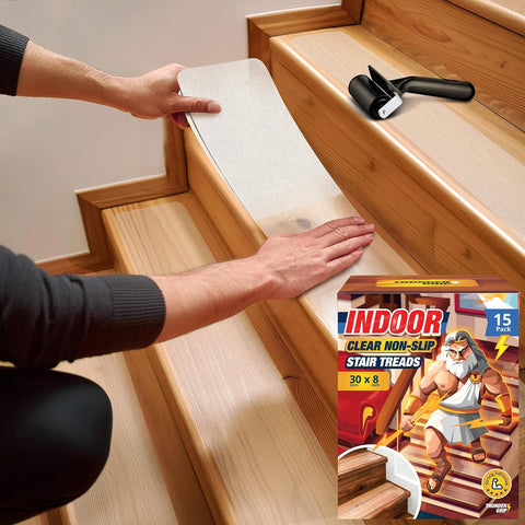 Clear Stair Treads Non-Slip Indoor 30" x 8" 15-Pack - Stair Grips for Wood