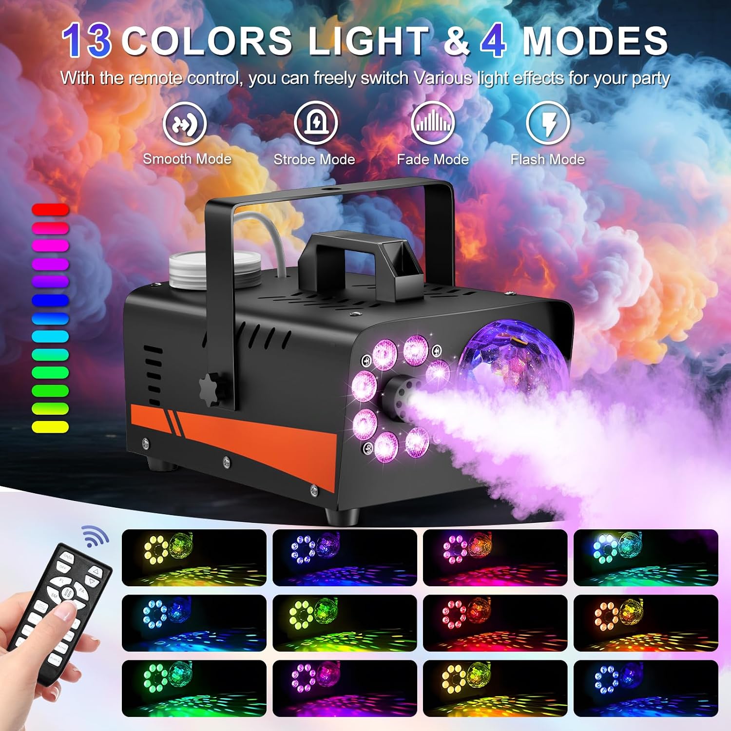 800W Fog Machine, 4500CFM for Halloween, Disco Light & Remote