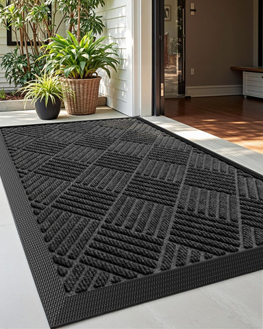 DEXI Front Door Mat Outside Entrance 17x29 Rubber Entry Doormat Black