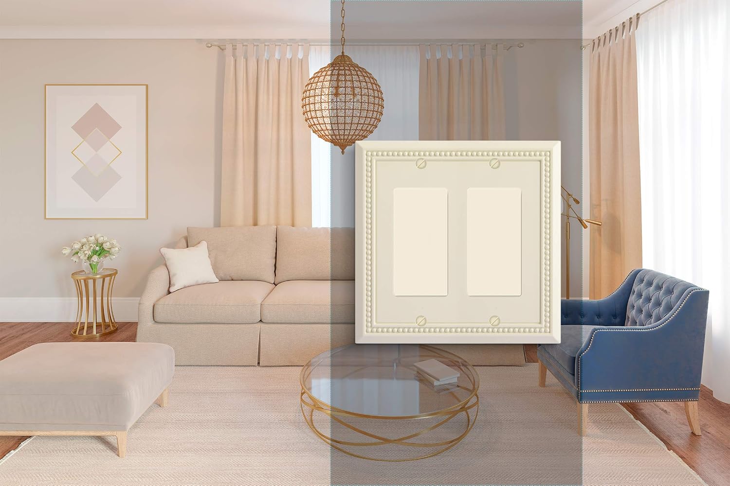 Henne Bery Sunken Pearls Heavy Duty Decorative Wall Plate Switch Plate Outlet Cover, Durable Solid Zinc Alloy (Double Decorator, Light Almond)