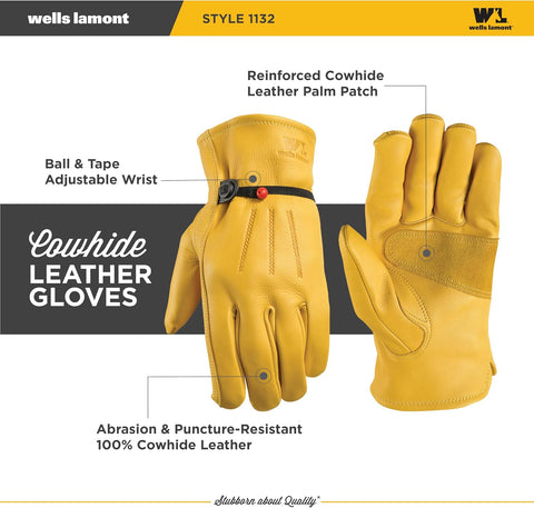 Wells Lamont Work Gloves Men and Women, Cowhide Leather Work Gloves, Adjustable Wrist