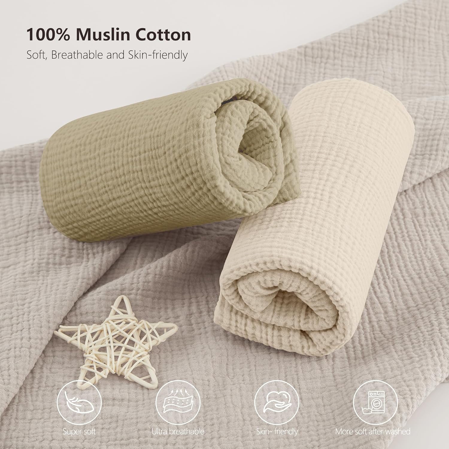 Bearmoss Muslin Crib Sheets 100% Cotton Baby Crib Sheets Fitted for Standard Crib Mattress & Toddler Bed Mattress 52"x28" Soft Breathable Crib Sheet Neutral for Boys Girls - 2 Pack (Oat Latte)