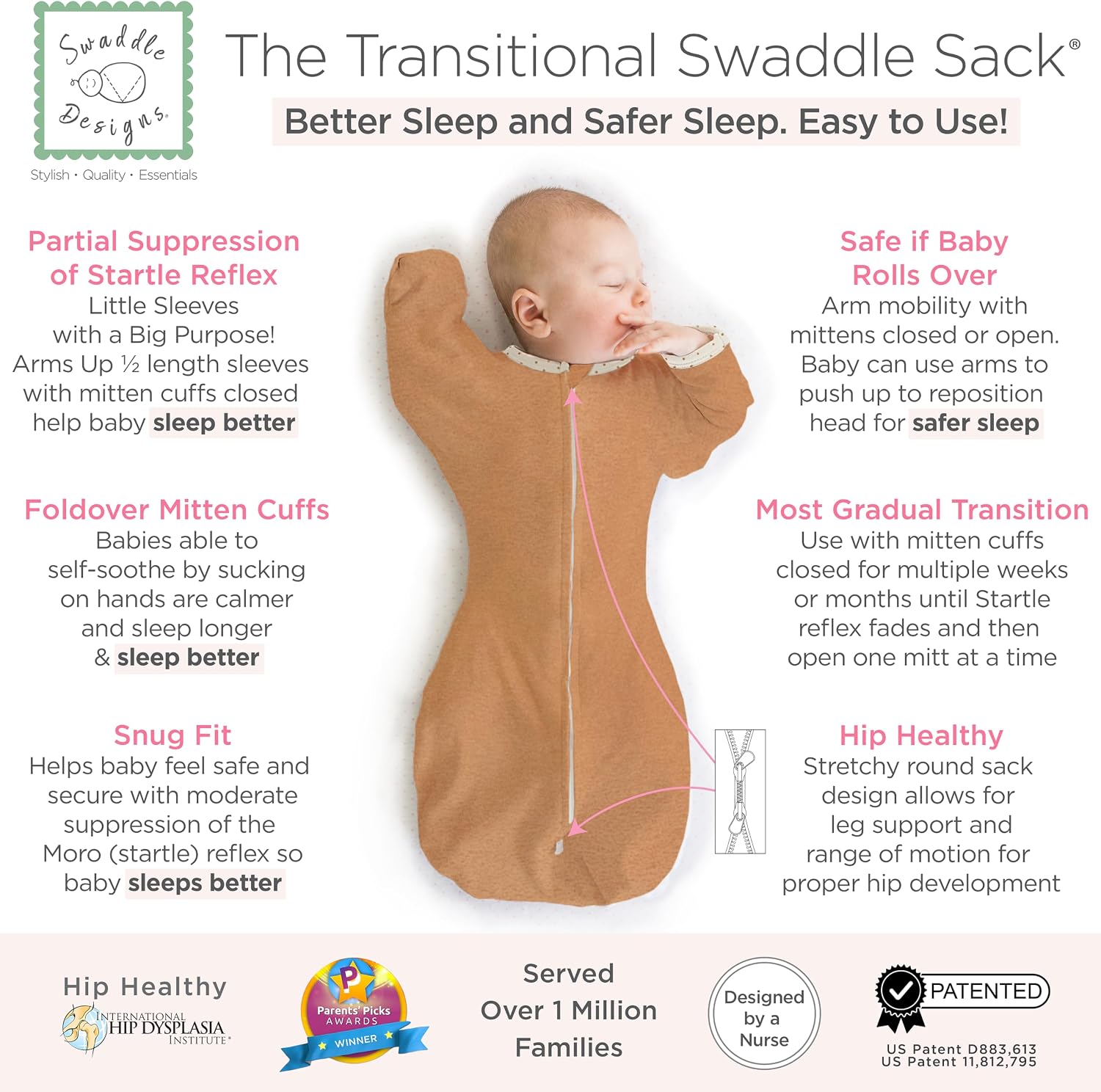 SwaddleDesigns Transitional Swaddle Sack, Cotton, Heathered Butterum, 6-9mo