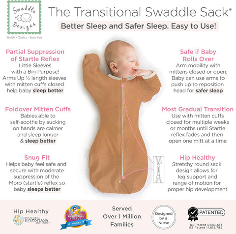 SwaddleDesigns Transitional Swaddle Sack, Cotton, Heathered Butterum, 6-9mo